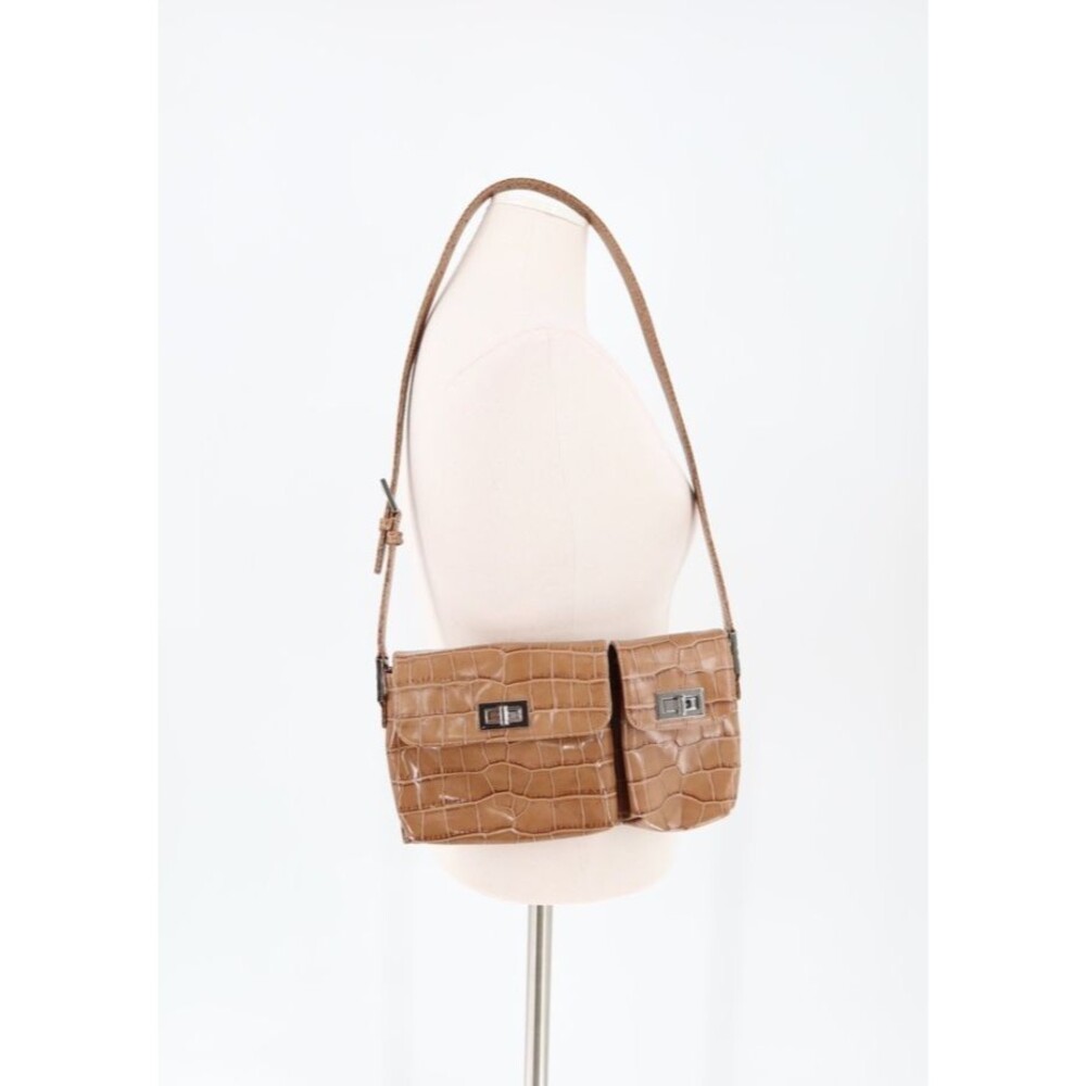 By FAR Billy Shoulder Bag Brown Leather Croc Print 2 Pocket Closures Women's